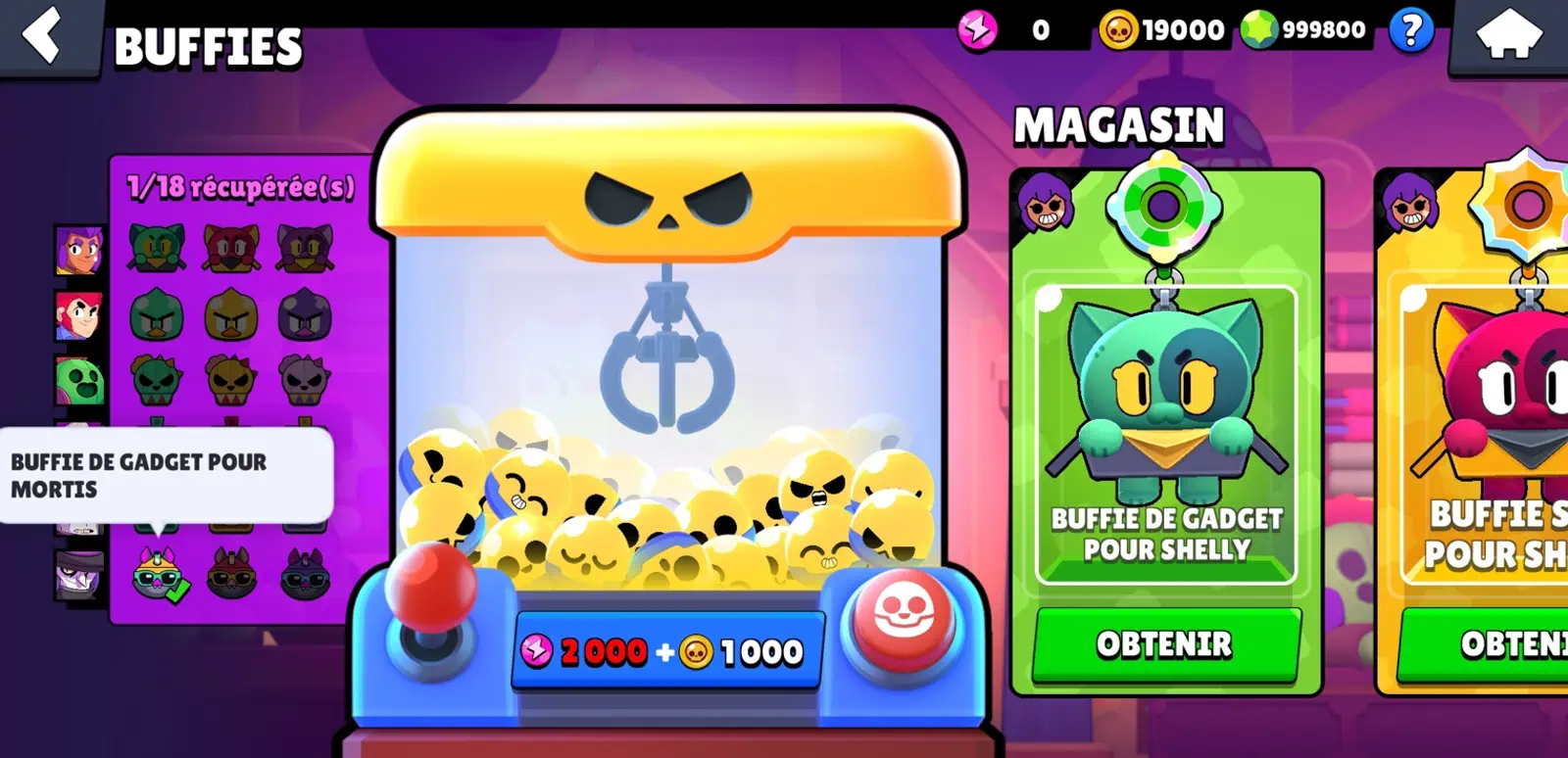 Menu Buffies: écran de tirage, icônes de Brawlers, bouton d’achat en gemmes, récompenses Buffies affichées.